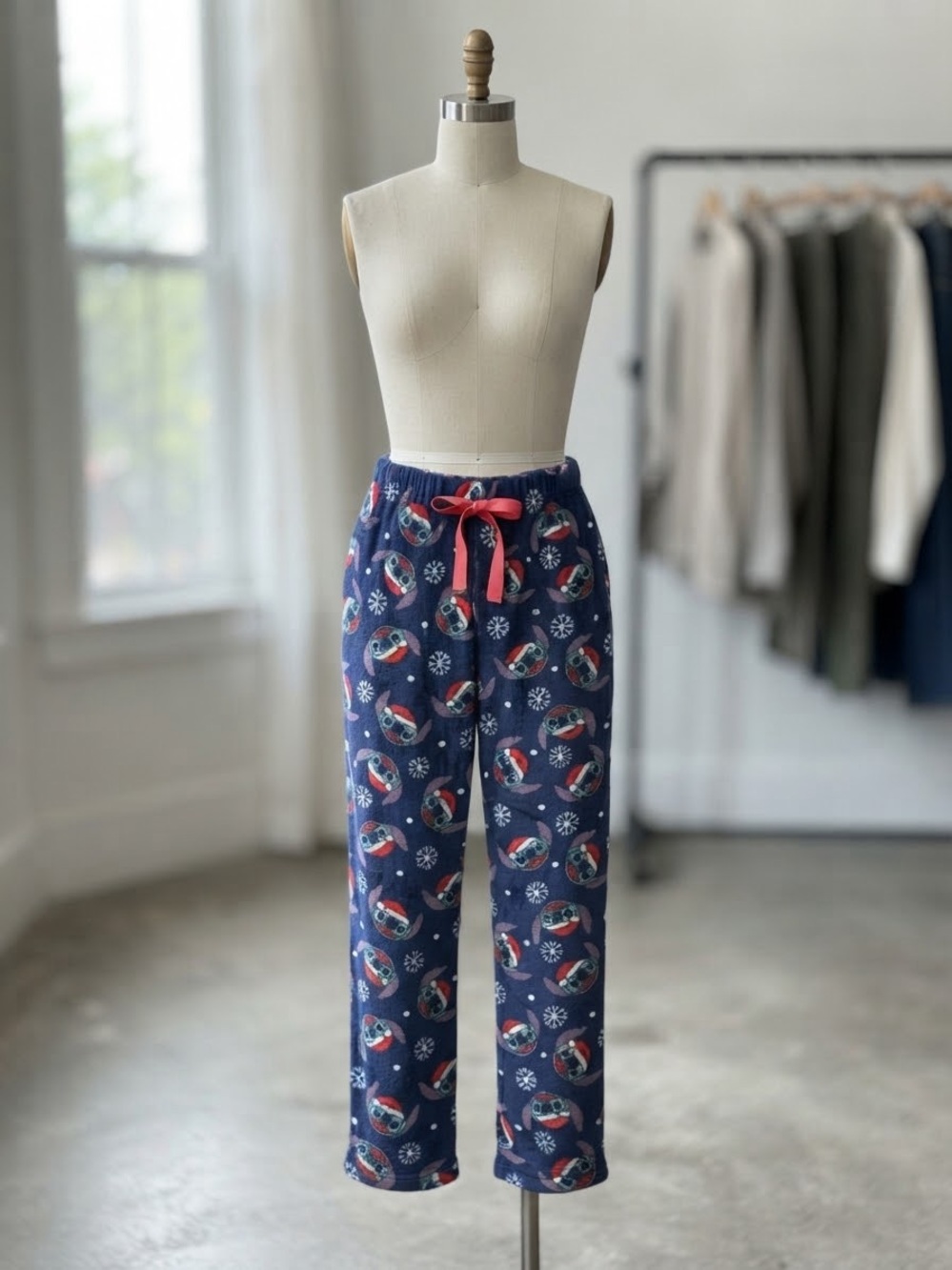 Disney (M) Stitch Blue Holiday Fleece Pajama Pants with Red Drawstring